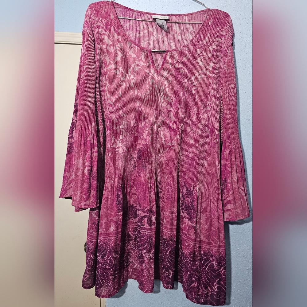 Catherines - Affinity Chain Pleated Blouse - 3X - Pink Print - 26W/28W - Picture 1 of 6